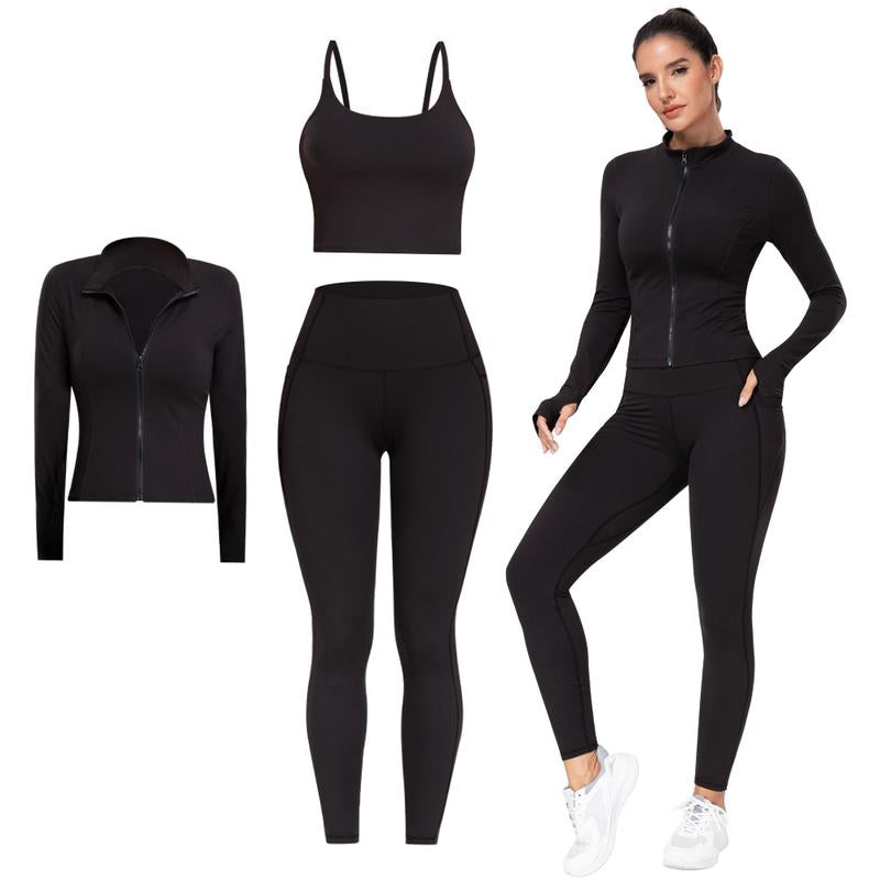 【LOCAL FAST SHIPPING】NORMOV 3 Piece Workout Set - Longline Sports Bra + Side Pockets Leggings + Jacket with Thumbholes – Women’S Yoga Outfit Activewear for Gym Running Training