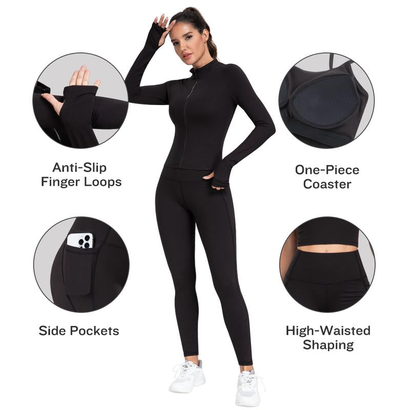 【LOCAL FAST SHIPPING】NORMOV 3 Piece Workout Set - Longline Sports Bra + Side Pockets Leggings + Jacket with Thumbholes – Women’S Yoga Outfit Activewear for Gym Running Training