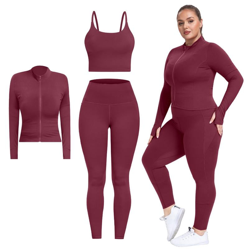 【LOCAL FAST SHIPPING】NORMOV 3 Piece Workout Set - Longline Sports Bra + Side Pockets Leggings + Jacket with Thumbholes – Women’S Yoga Outfit Activewear for Gym Running Training