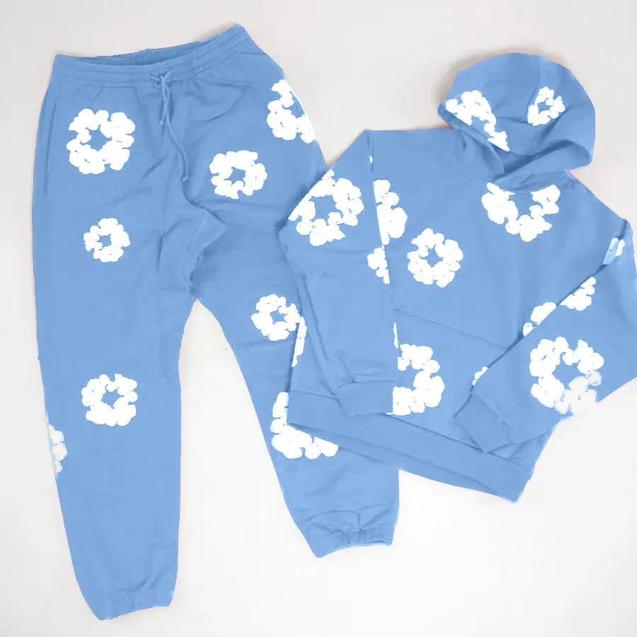 Men's Casual Cotton Hoodie & Pants Set - DENIM TEARS Style Printed Tracksuit