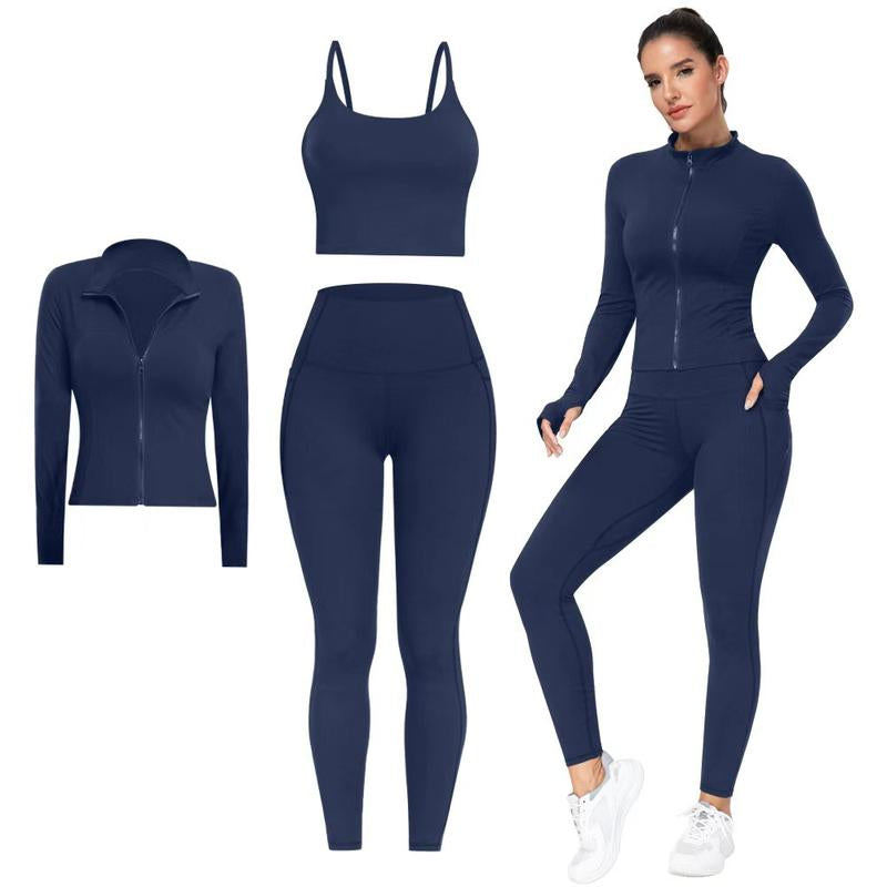 【LOCAL FAST SHIPPING】NORMOV 3 Piece Workout Set - Longline Sports Bra + Side Pockets Leggings + Jacket with Thumbholes – Women’S Yoga Outfit Activewear for Gym Running Training