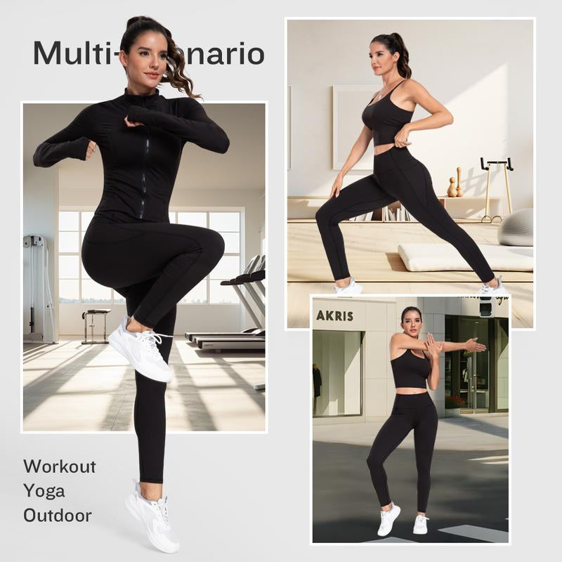【LOCAL FAST SHIPPING】NORMOV 3 Piece Workout Set - Longline Sports Bra + Side Pockets Leggings + Jacket with Thumbholes – Women’S Yoga Outfit Activewear for Gym Running Training