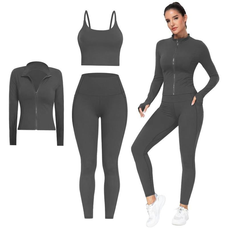 【LOCAL FAST SHIPPING】NORMOV 3 Piece Workout Set - Longline Sports Bra + Side Pockets Leggings + Jacket with Thumbholes – Women’S Yoga Outfit Activewear for Gym Running Training
